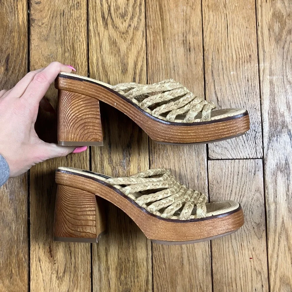 Vintage lei Platform Sandals Woven Straw Wood Block Heel Mules Tan Brown 90s
